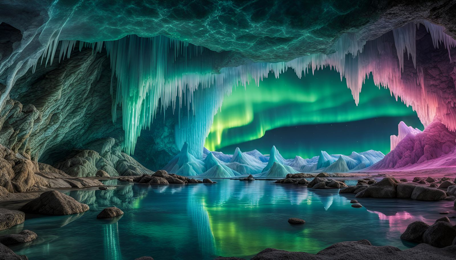 A crystal cave as a tranquil oasis bathed in the colors of the aurora borealis, where the reflections on water create a ...