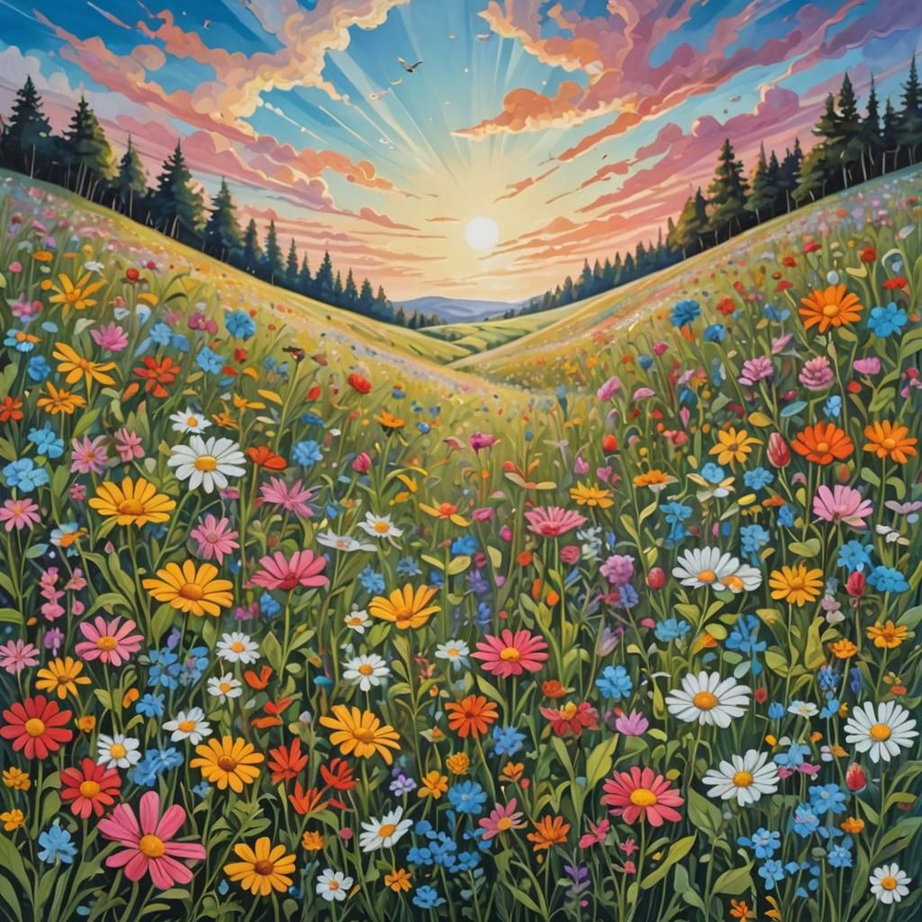 Colourful Wildflower Meadow in Gouache Style