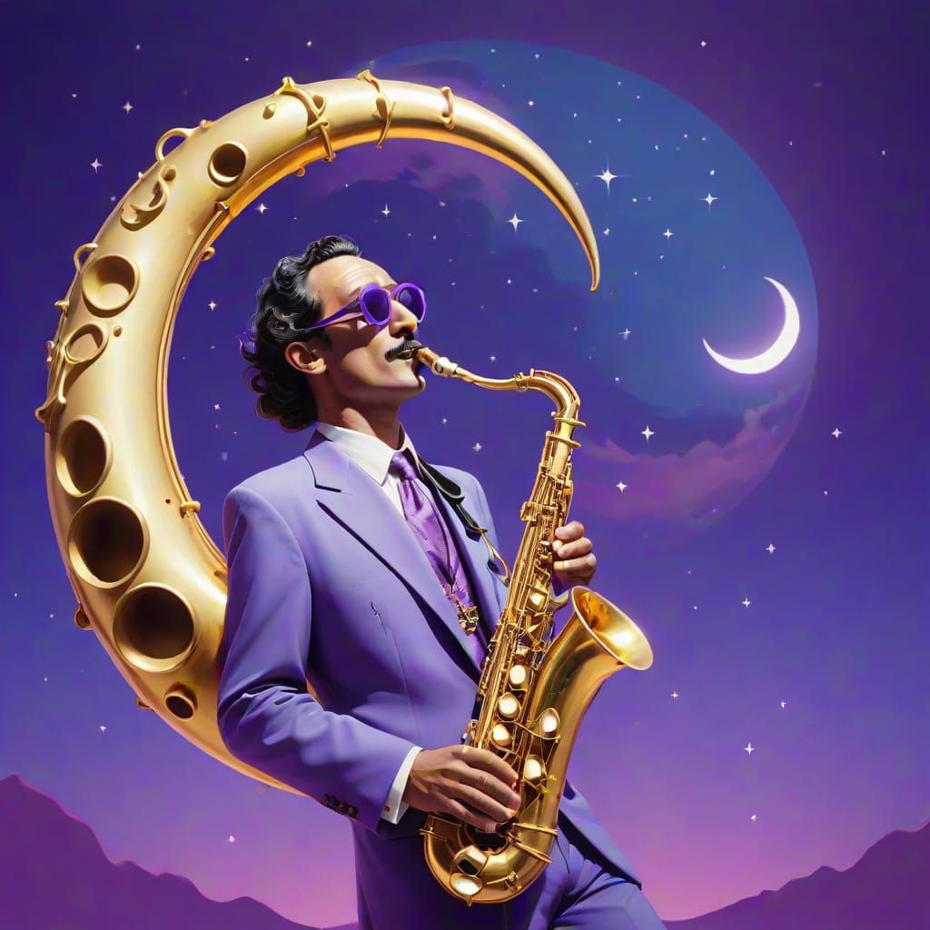 a surrealistic and whimsical caricature of the crescent moon playing a saxophone wearing sunglasses
