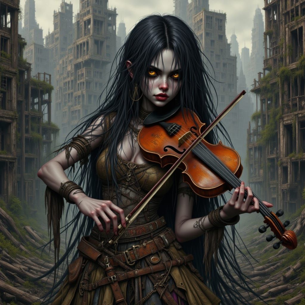 Dark Fantasy Girl Plays Violin in Ruins of a Wasteland City