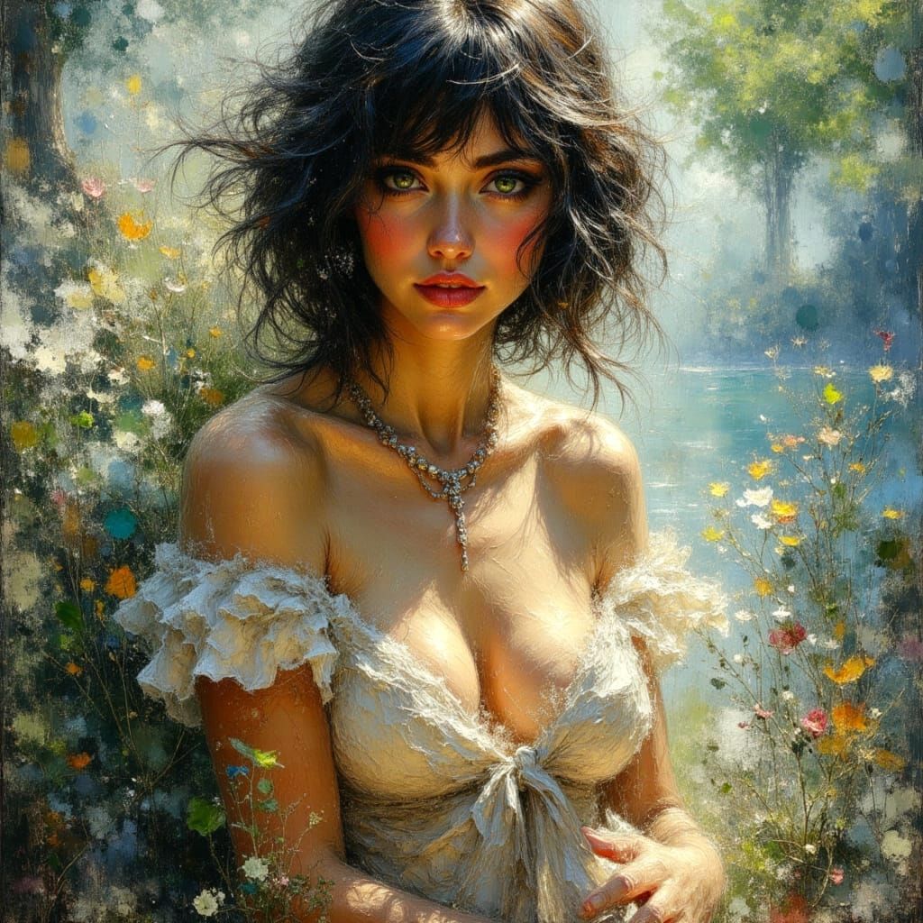 Impressionistic Oil Painting of a Girl in Landscape