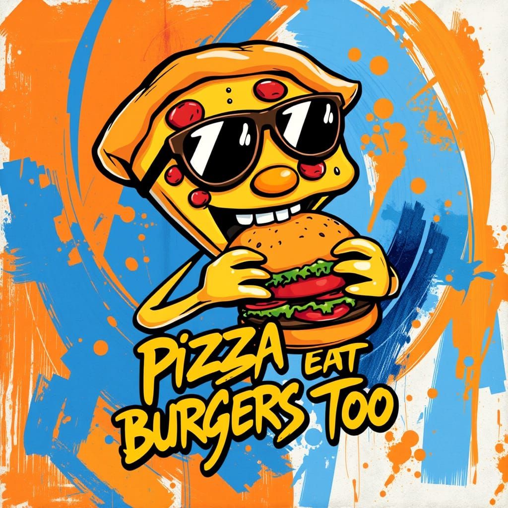 Whimsical Pizza Character in Trendy Sunglasses Devours Burge...