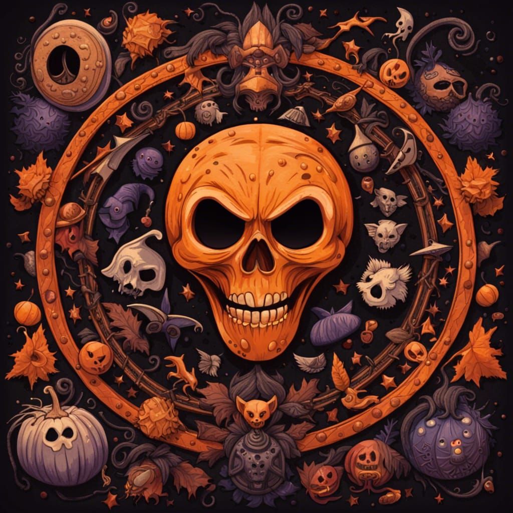 Halloween Mandala with Witch, Skulls and Pumpkins