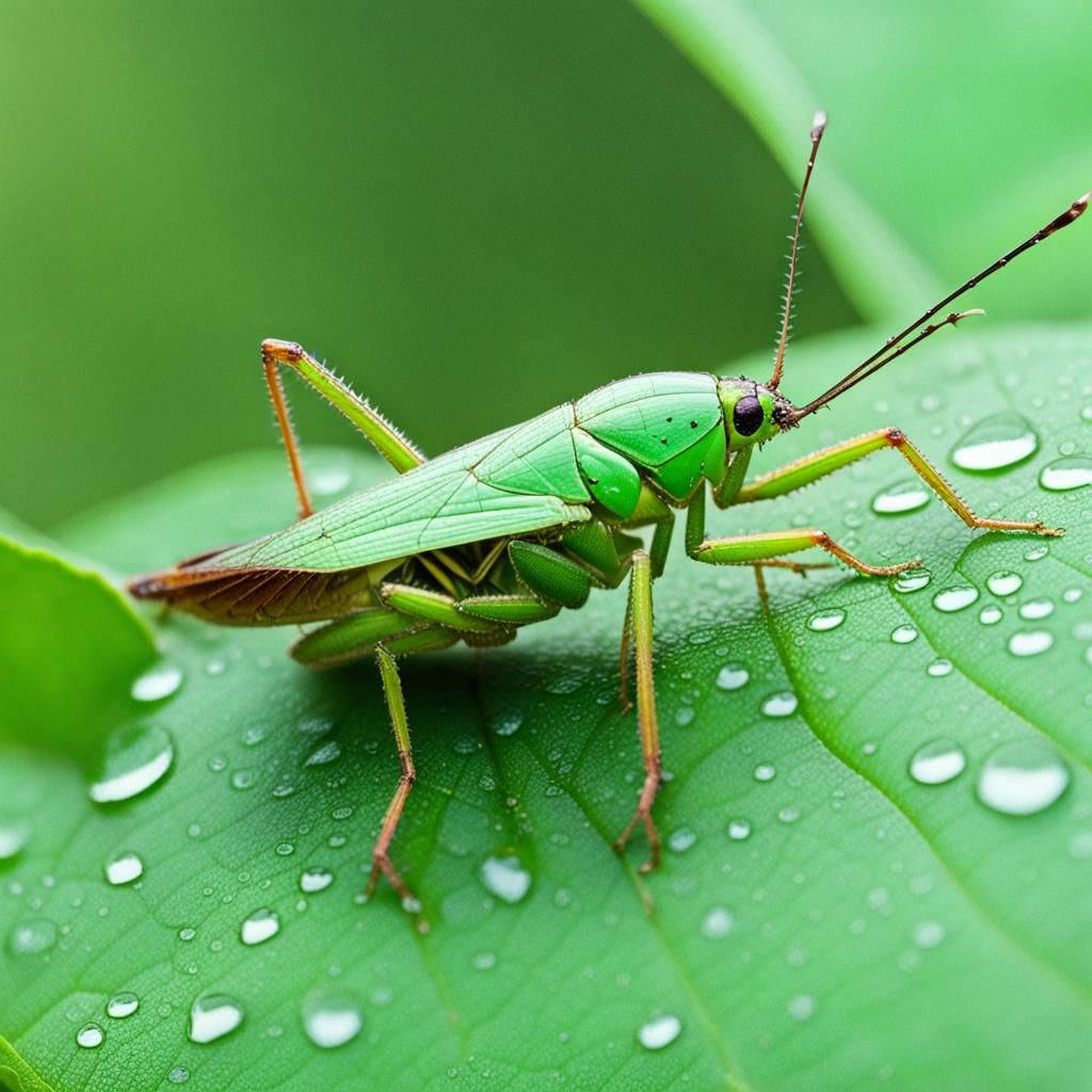 Green Cricket Bug on Wet Leaf, Rainy Day