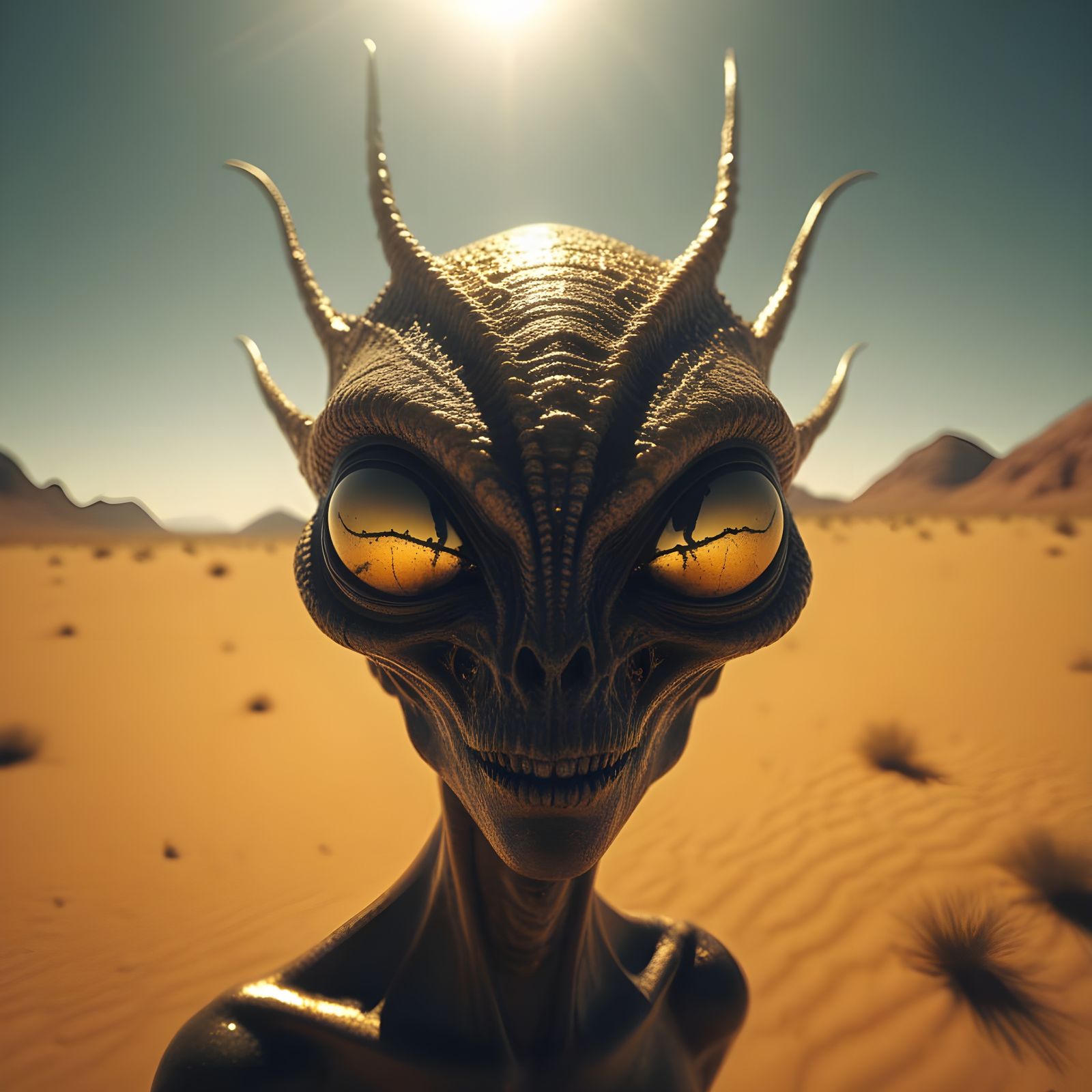 Strange Alien in Desertscape, Hyperrealistic Style