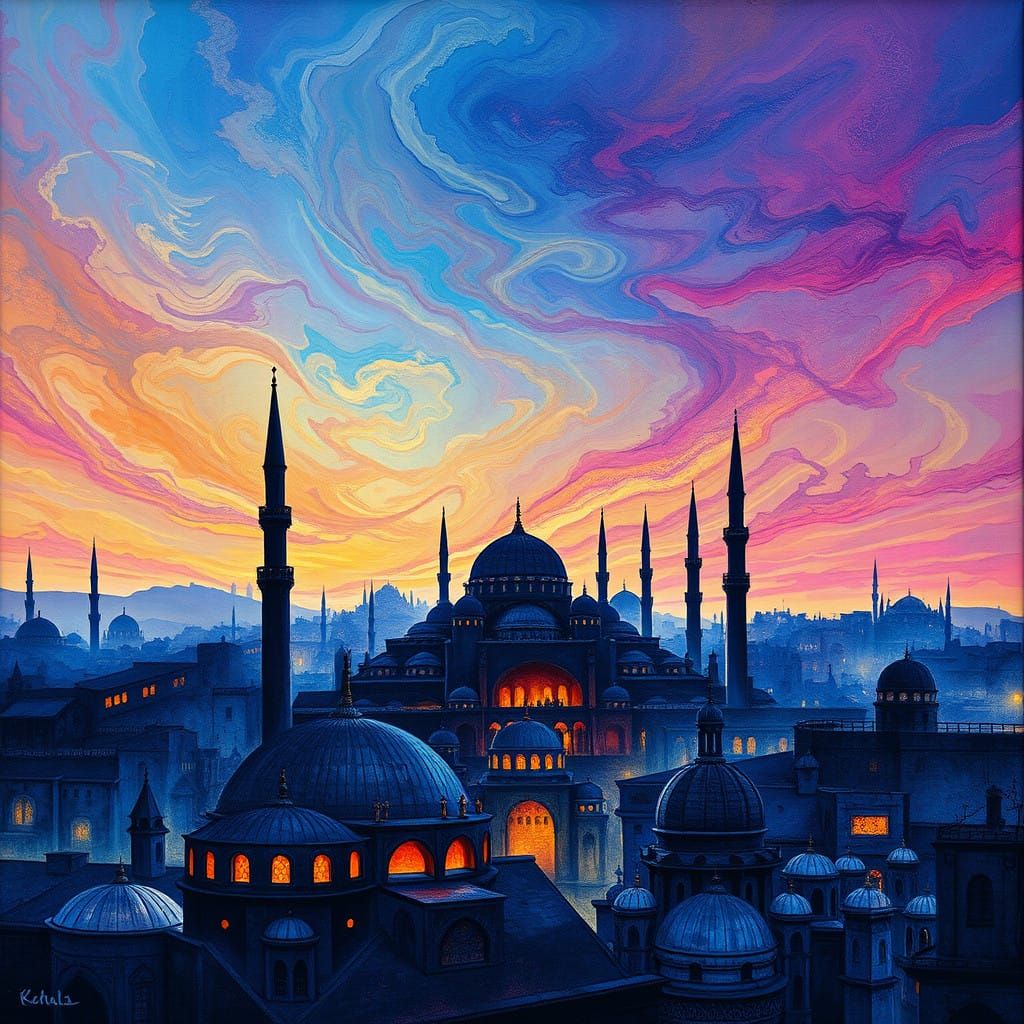 Ethereal Cairo Cityscape in Vibrant Alcohol Ink Style