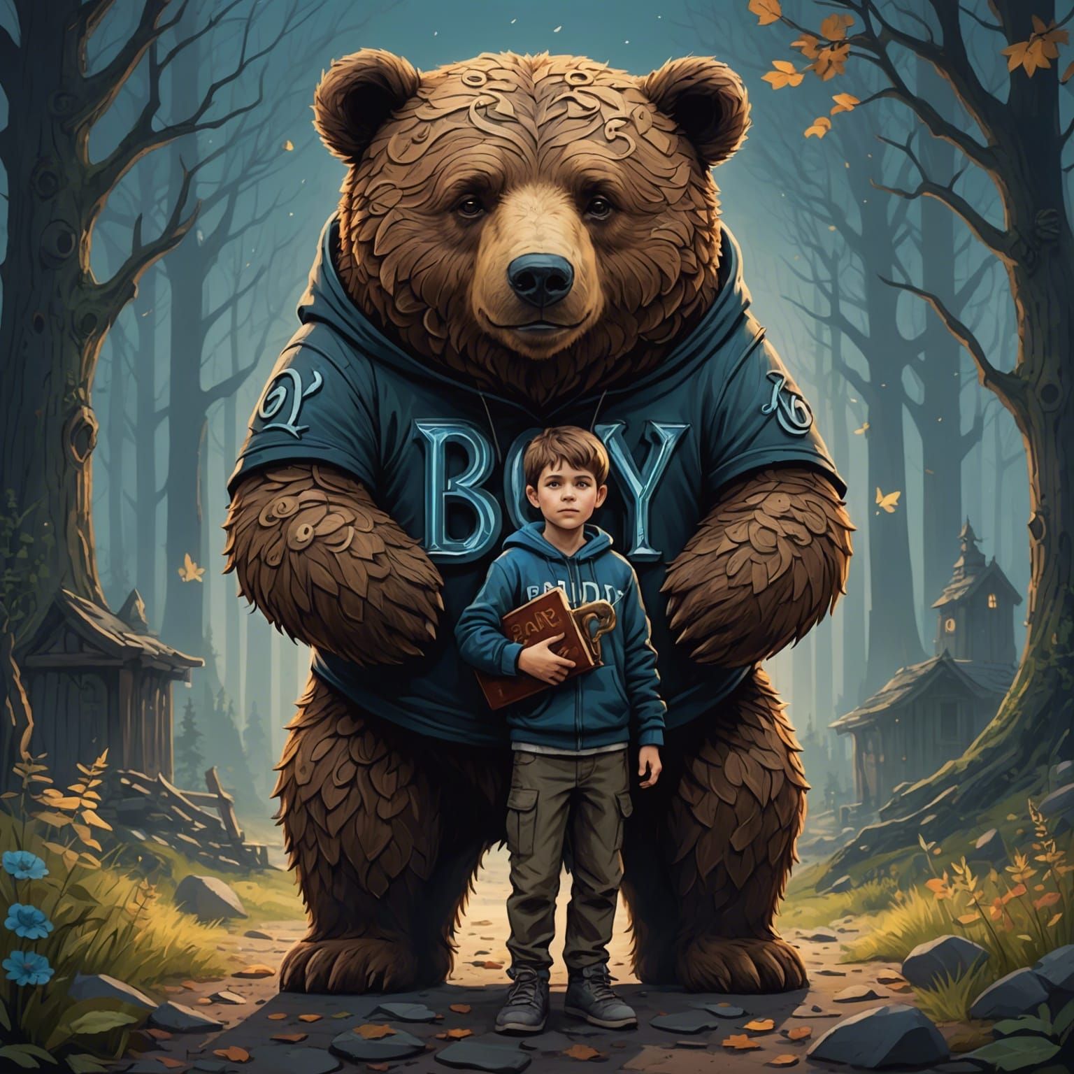 Boy Holding Bear Letter Drawing: Detailed Matte Painting