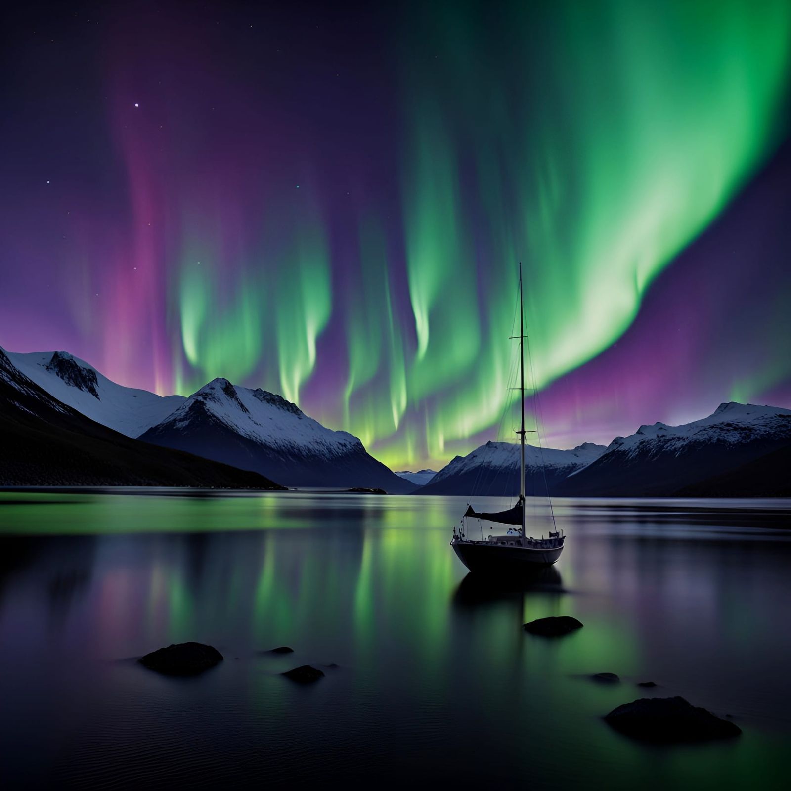 Aurora Borealis Over Water with Sailboat