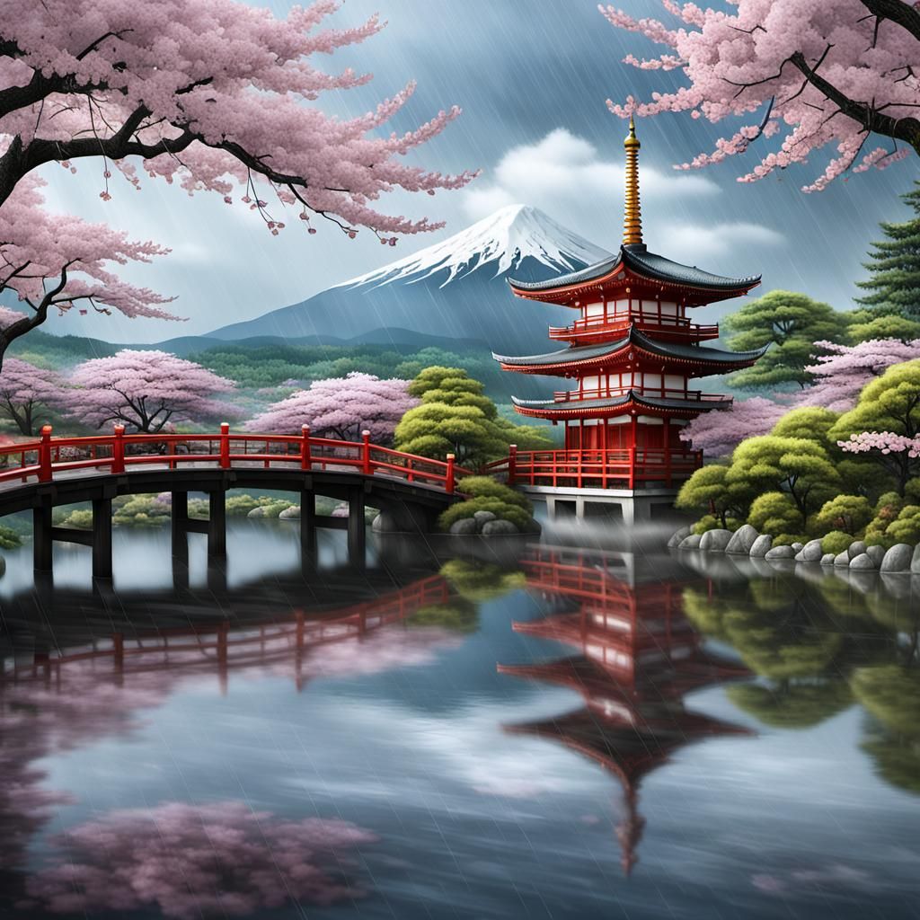 Japanese Pagoda in Rain with Mount Fuji, Photorealistic
