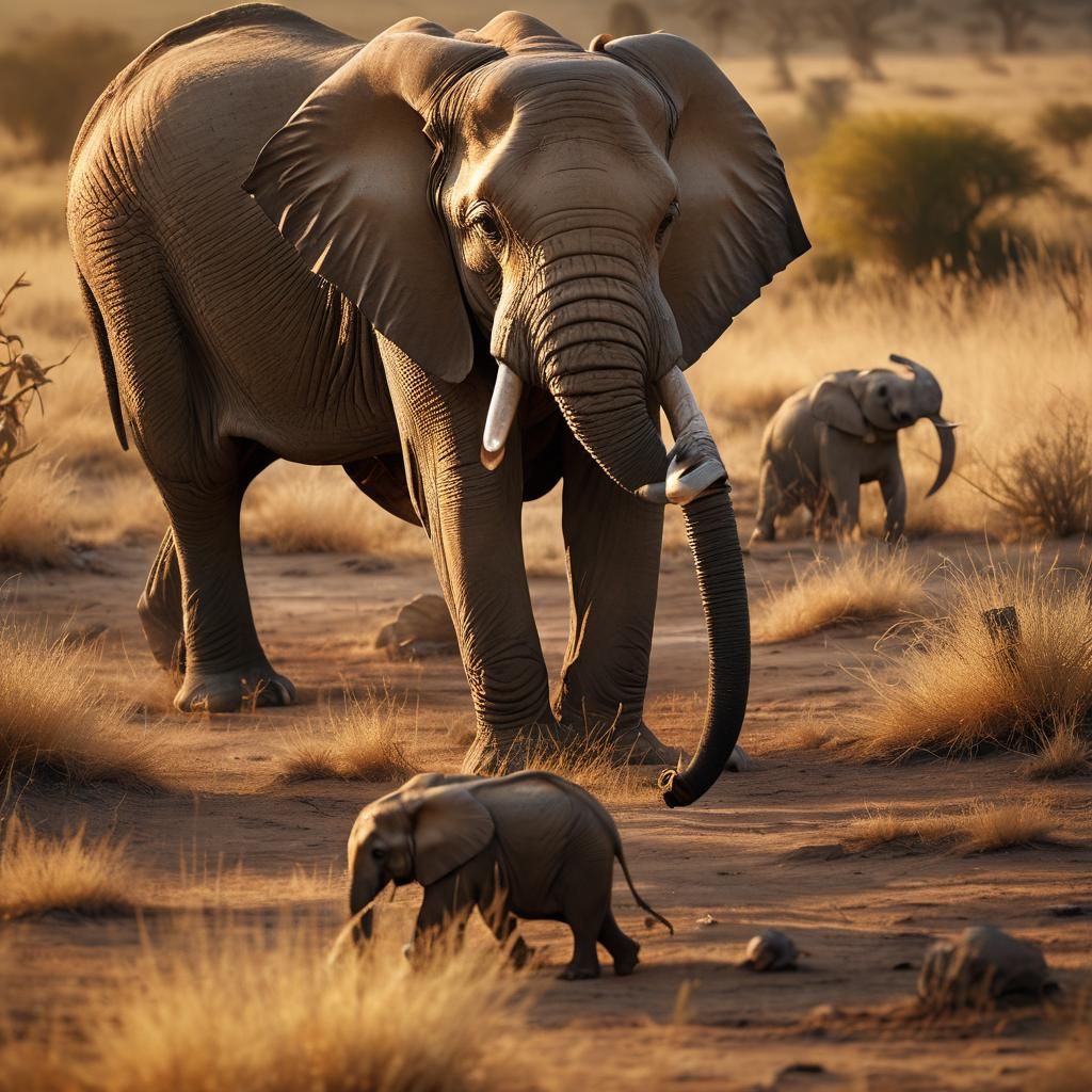 Elephant and Mouse in Golden Savannah