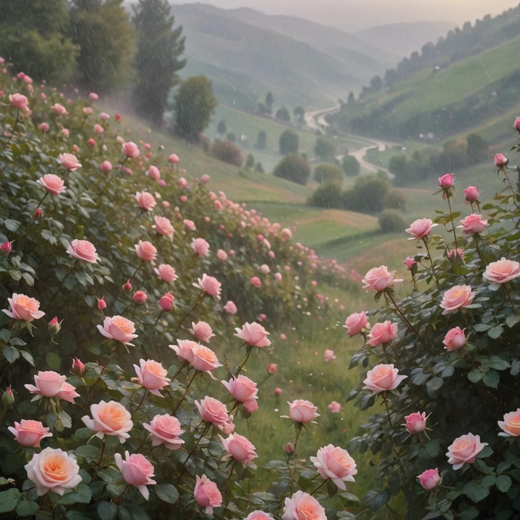 Impressionist Valley of Roses Under Rain with Rainbow