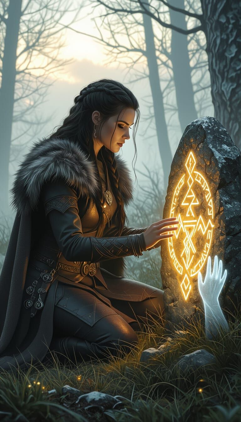 Viking Woman and Rune Stone in Fantasy Style