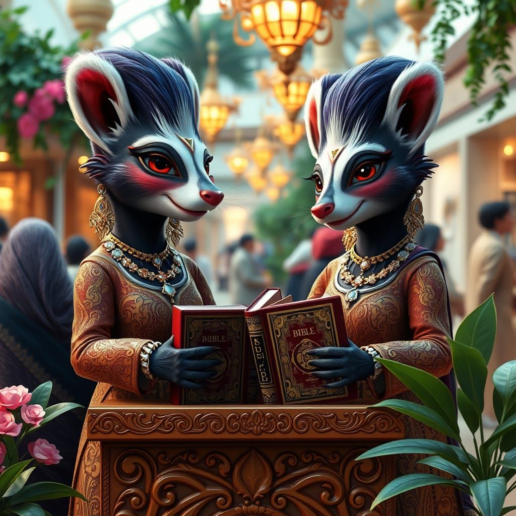 Elegant Female Skunks Offer Sacred Texts at the Mall