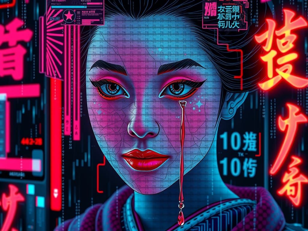 Cyberpunk Glitch Art: Geisha in Broken Screen