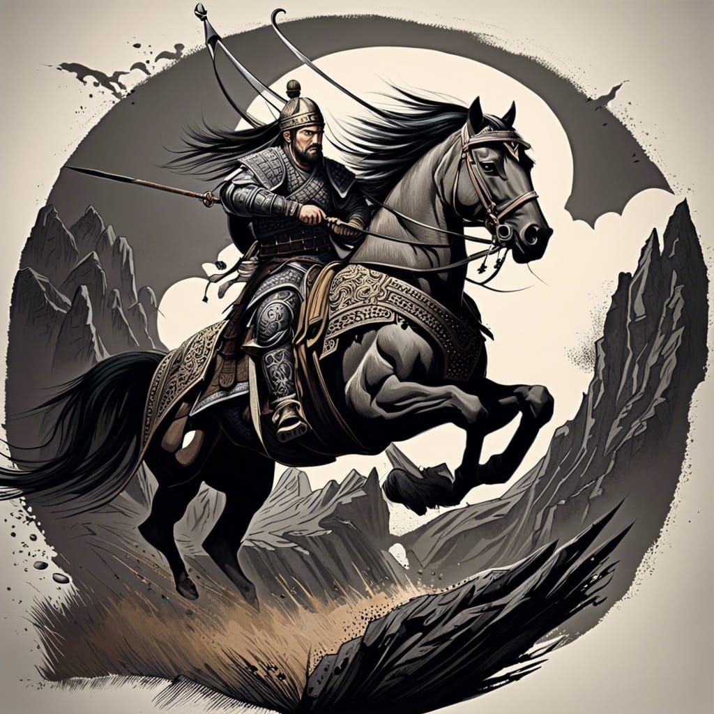 Furious Mongol Warrior on Horseback: Digital Illustration