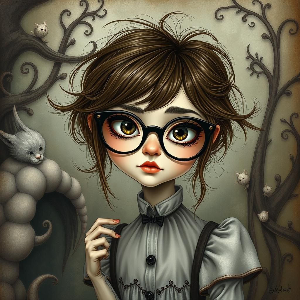 Whimsical Girl with Glasses in Dreamlike Art Brut Style