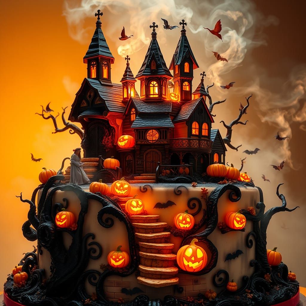 Halloween Cake with Jack-o'-Lanterns in Fantasy Style