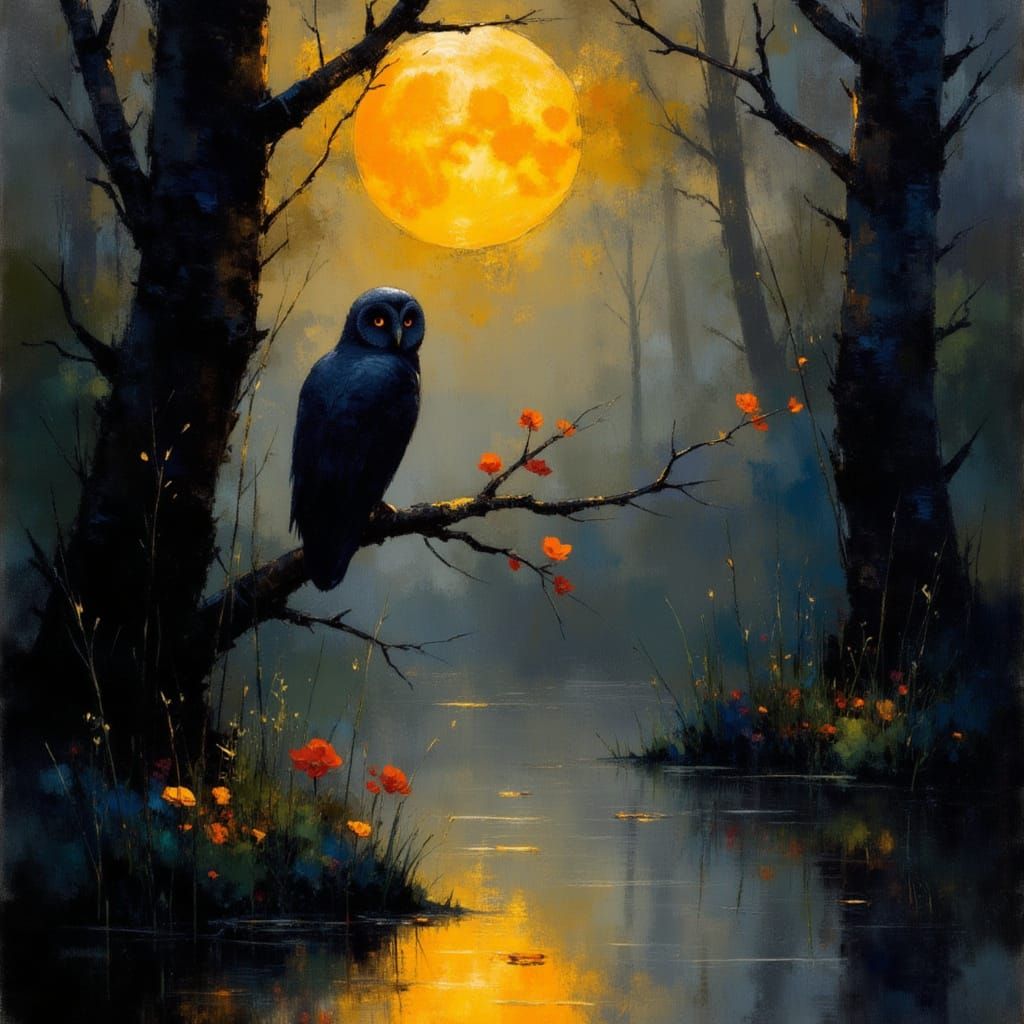 Eagle-Owl Silhouette in Misty Moonlight, Gouache Style