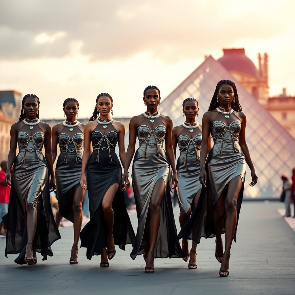Elegant Black Women in Futuristic Metallic Fashion, Louvre M...
