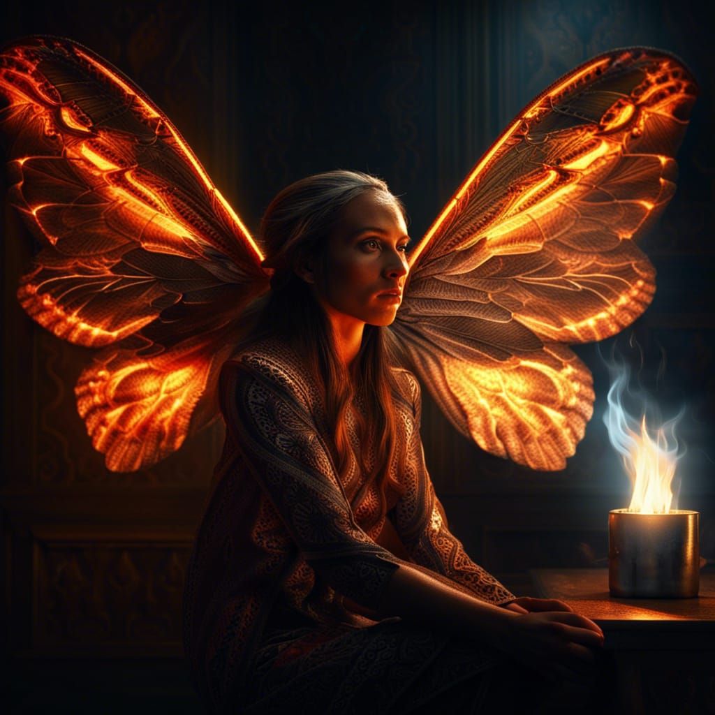 Hyperrealistic Moth Woman Illuminated by Flame