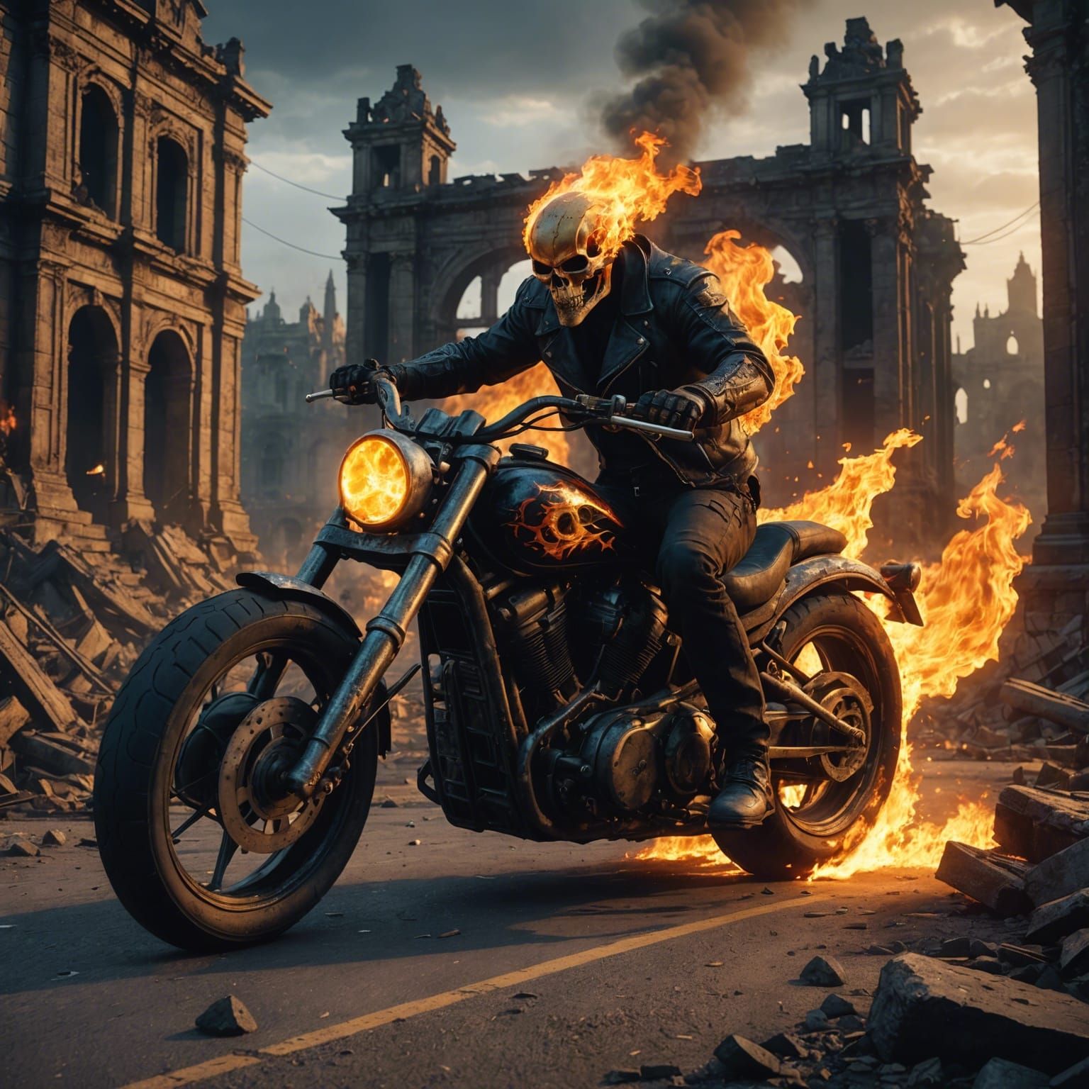 Ghost Rider on Fiery Motorcycle in Ruined City