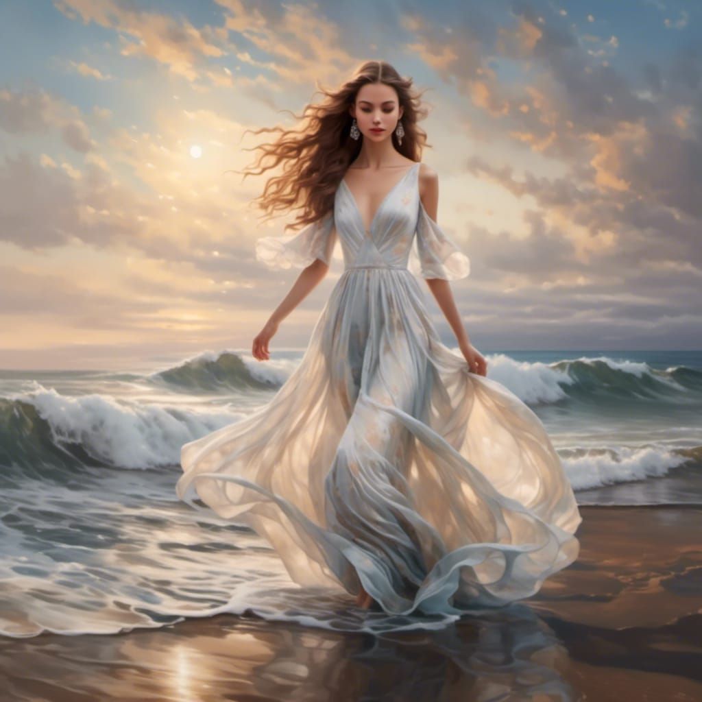 Woman in Gown Walking by Swirling Sea