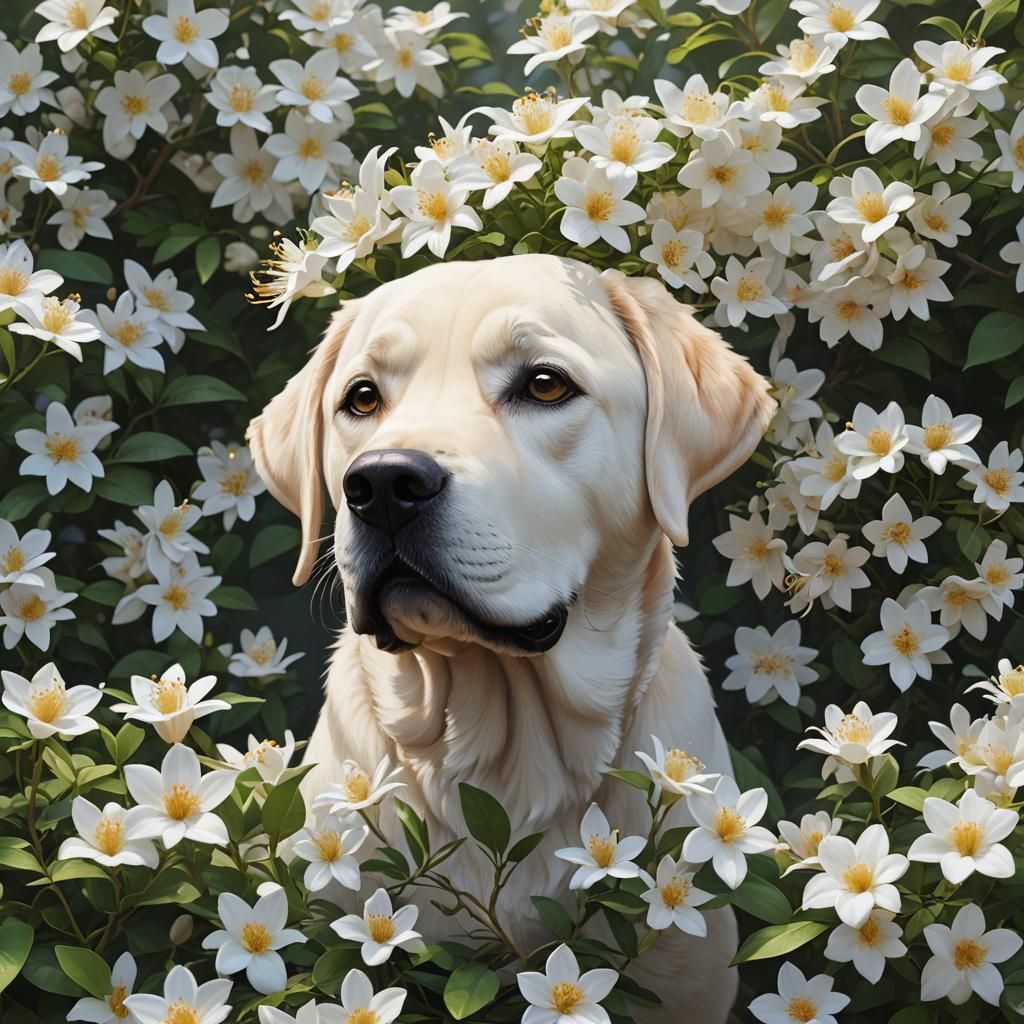Labrador in Jasmine Bush: 3D Anime Art