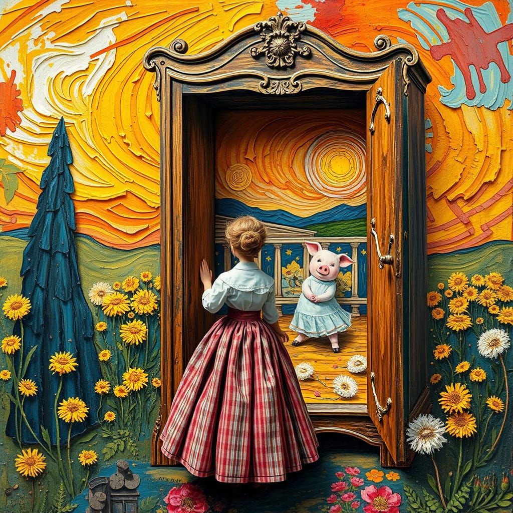 Van Gogh Style Puppet Giantess Before Wardrobe with Dancers