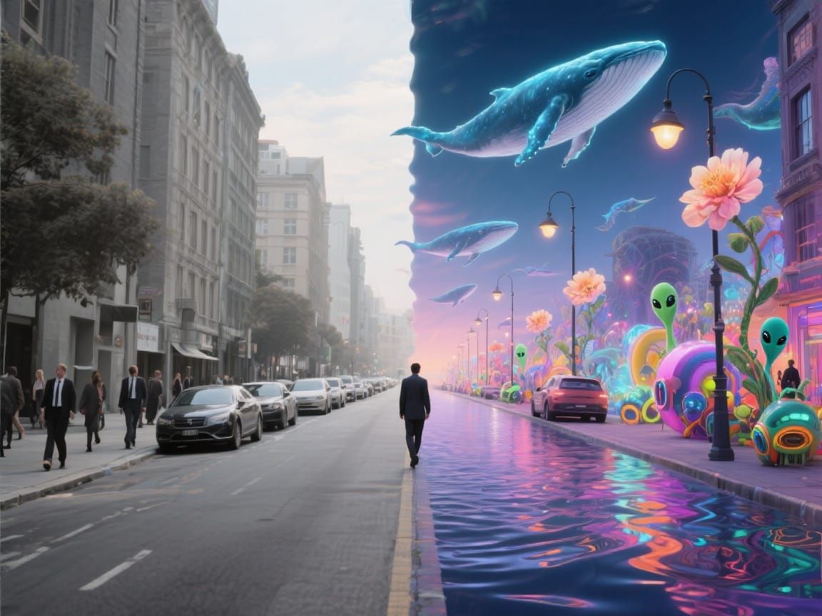 City Street: Reality vs. Dreamlike Surreal Vision