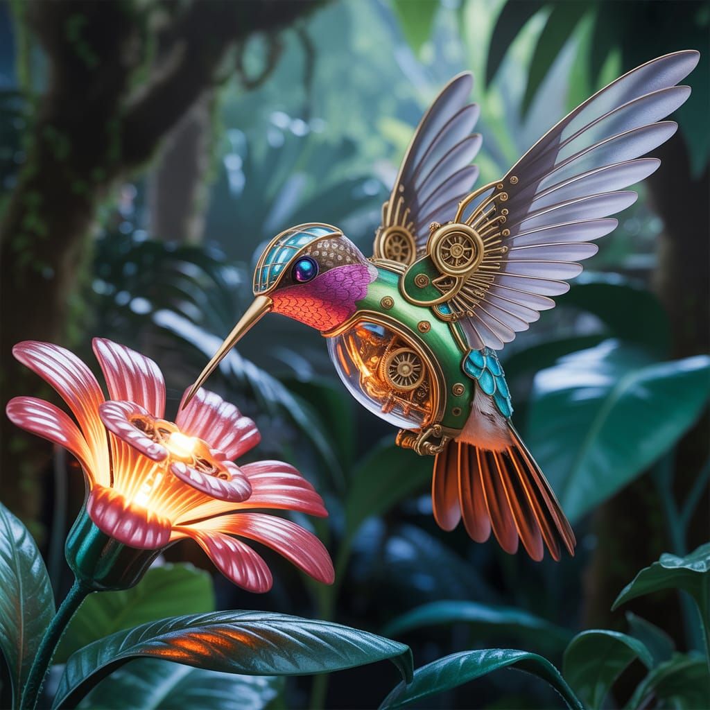Steampunk Hummingbird with Bioluminescent Flower