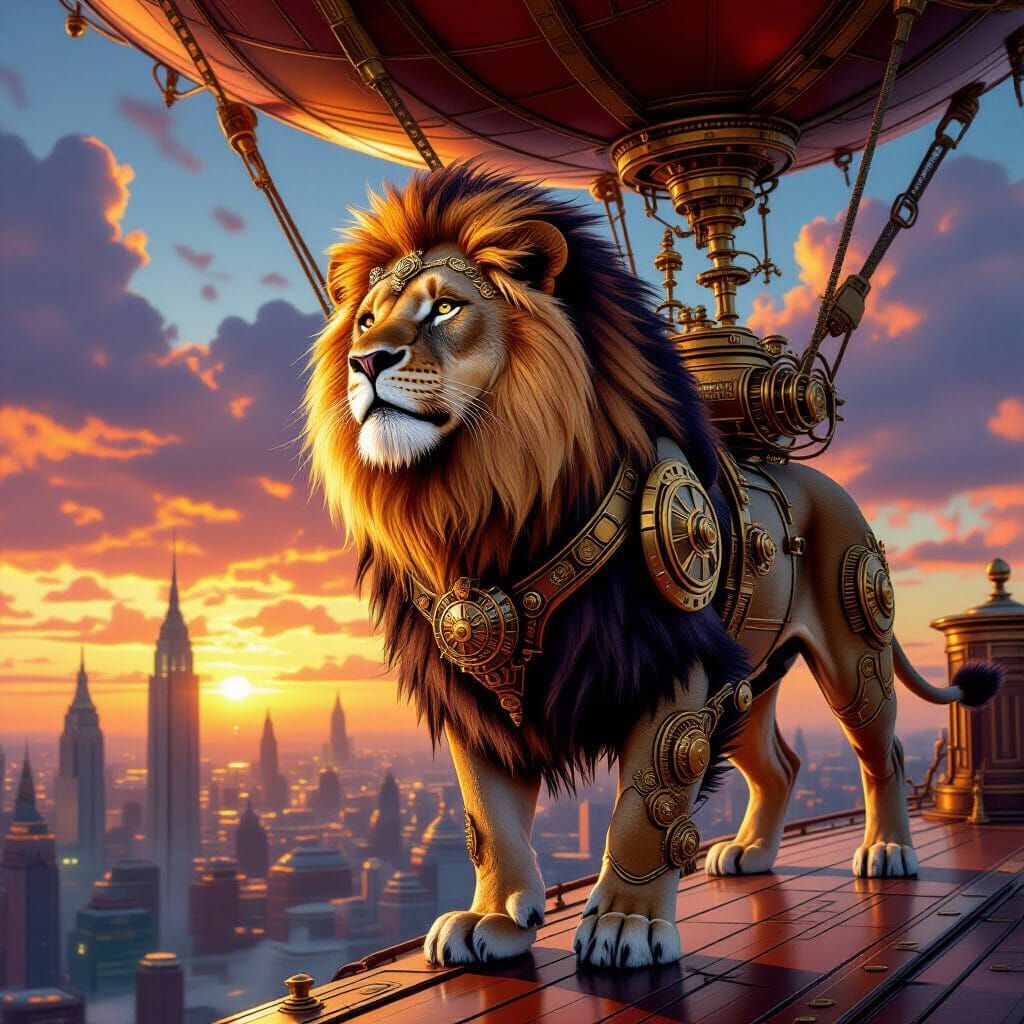 Steampunk Lion on Airship Deck at Sunset