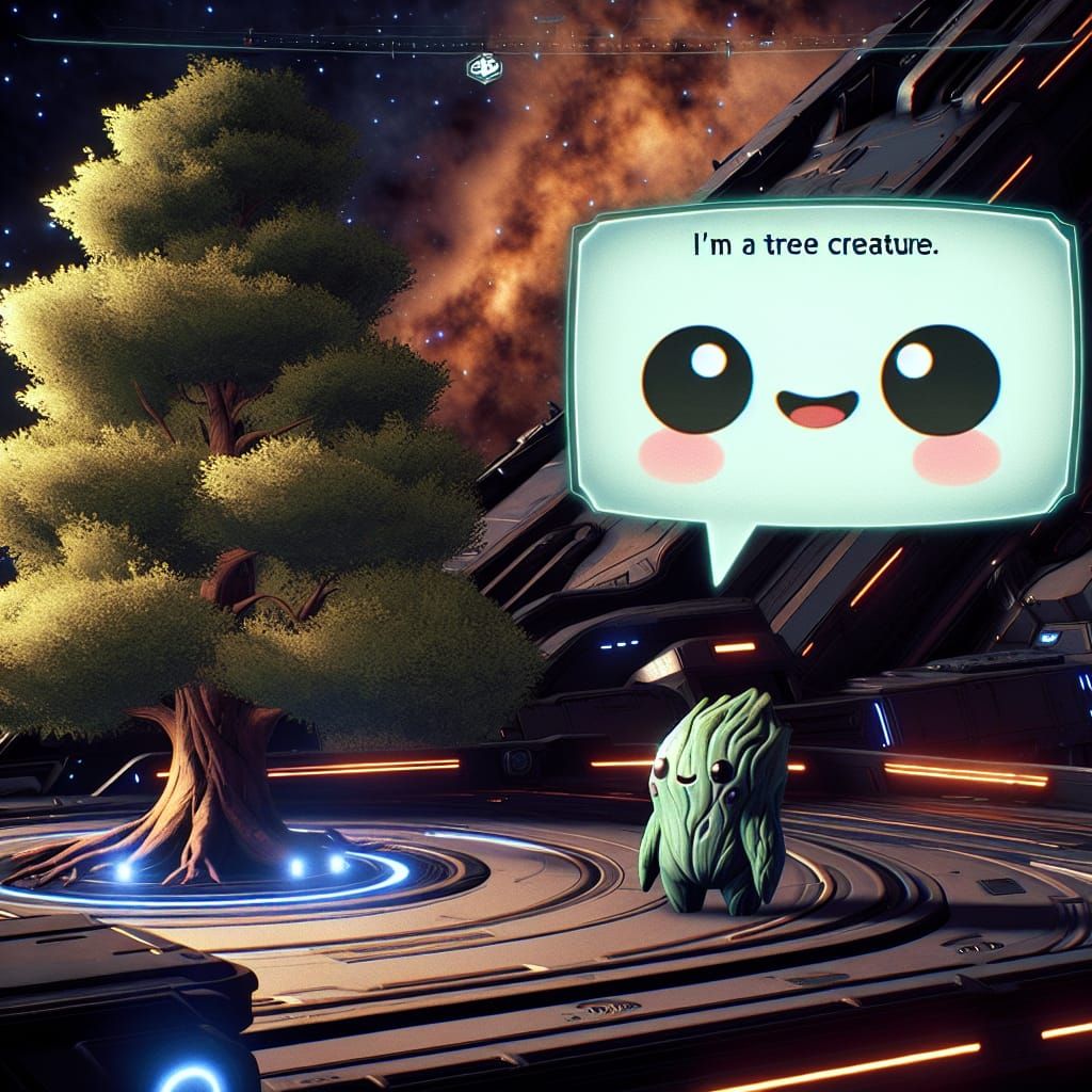 Chibi Tree Creature Chatting on Spaceship