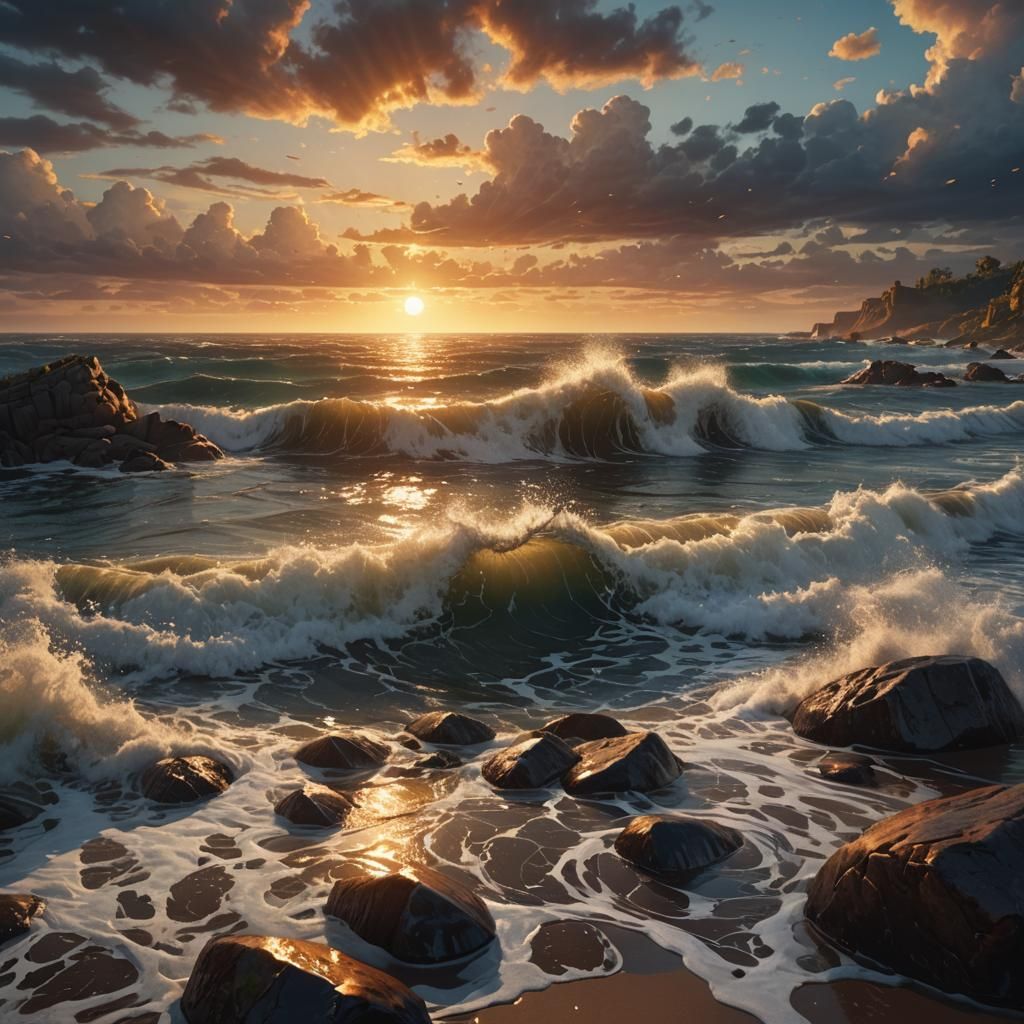 Magical Beach Sunset with Amber Glow