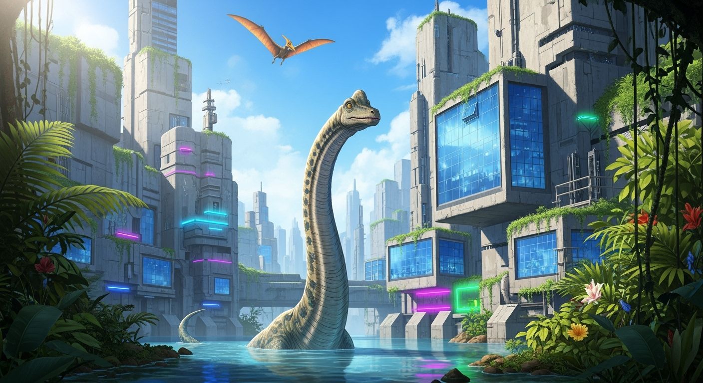 Diplodocus in Futuristic Industrial Jurassic Landscape
