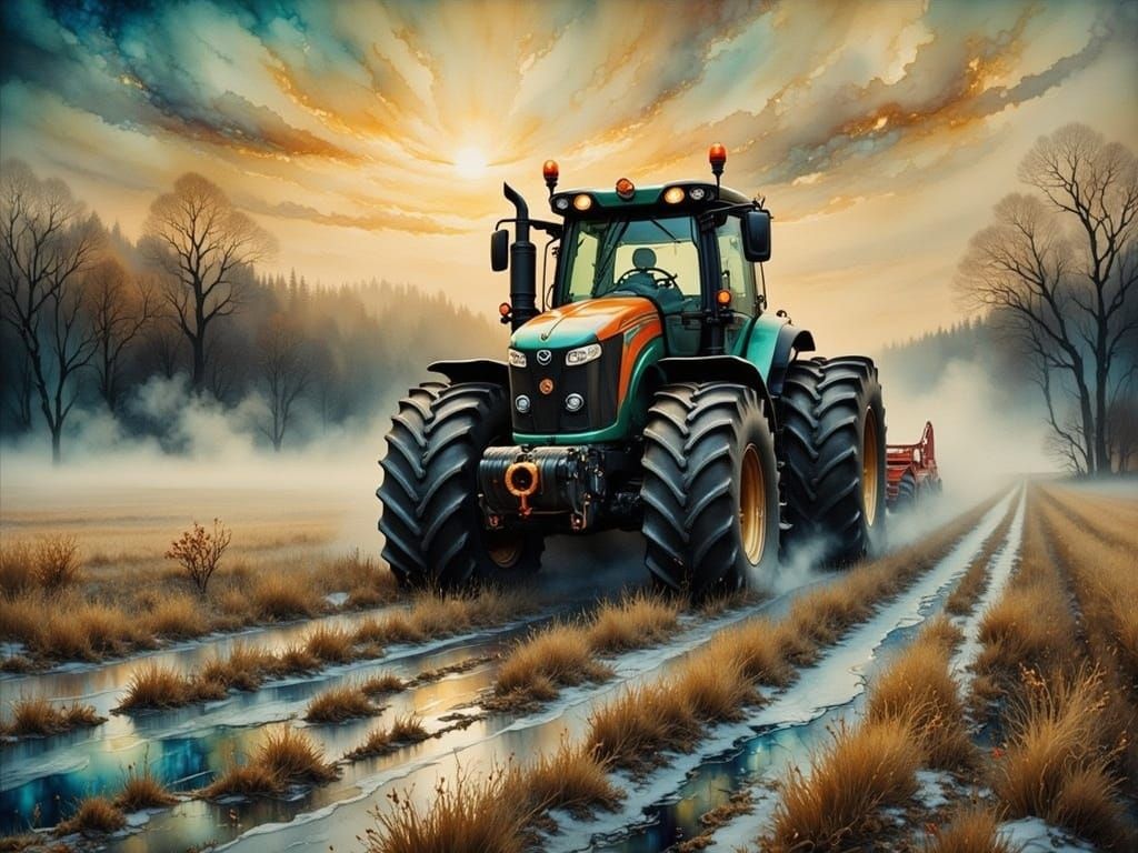 Tractor Plows Snowy Field in Surreal Watercolor