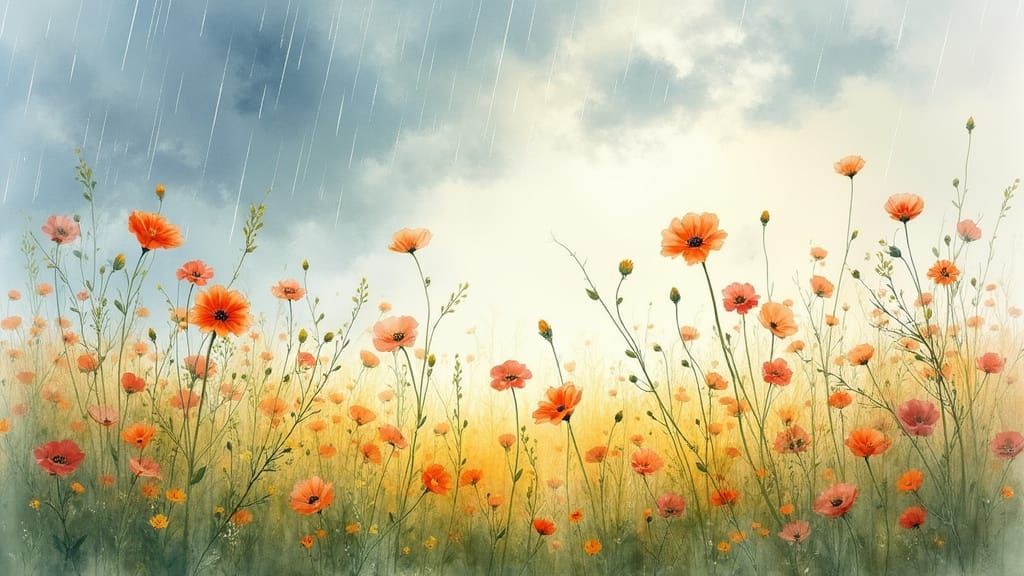 Vibrant Wildflower Field in Atmospheric Watercolor