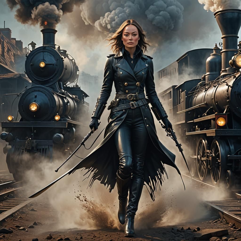 Woman in Leather on Steam Train: Fantasy Art