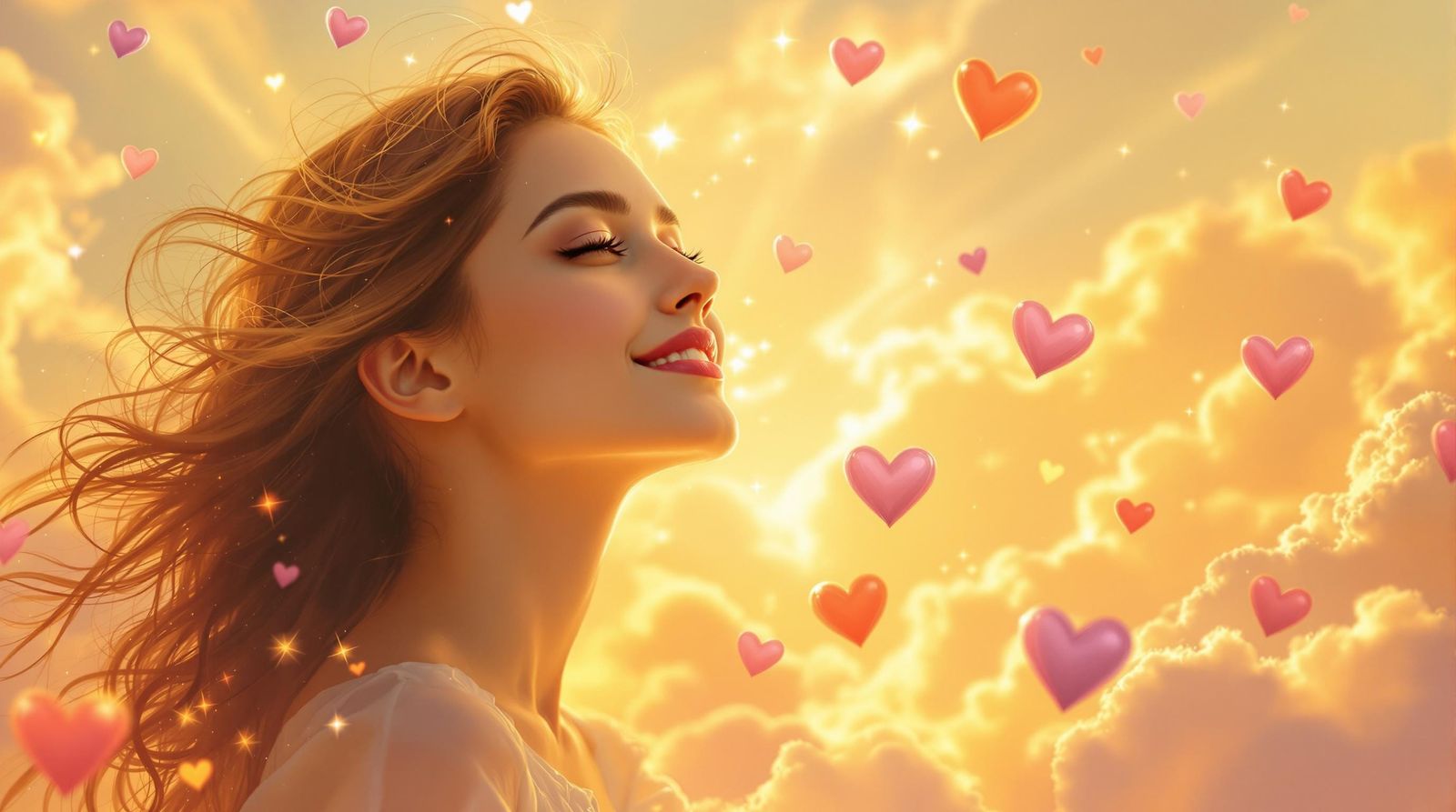 Golden Sunset Love Scene with Whimsical Hearts