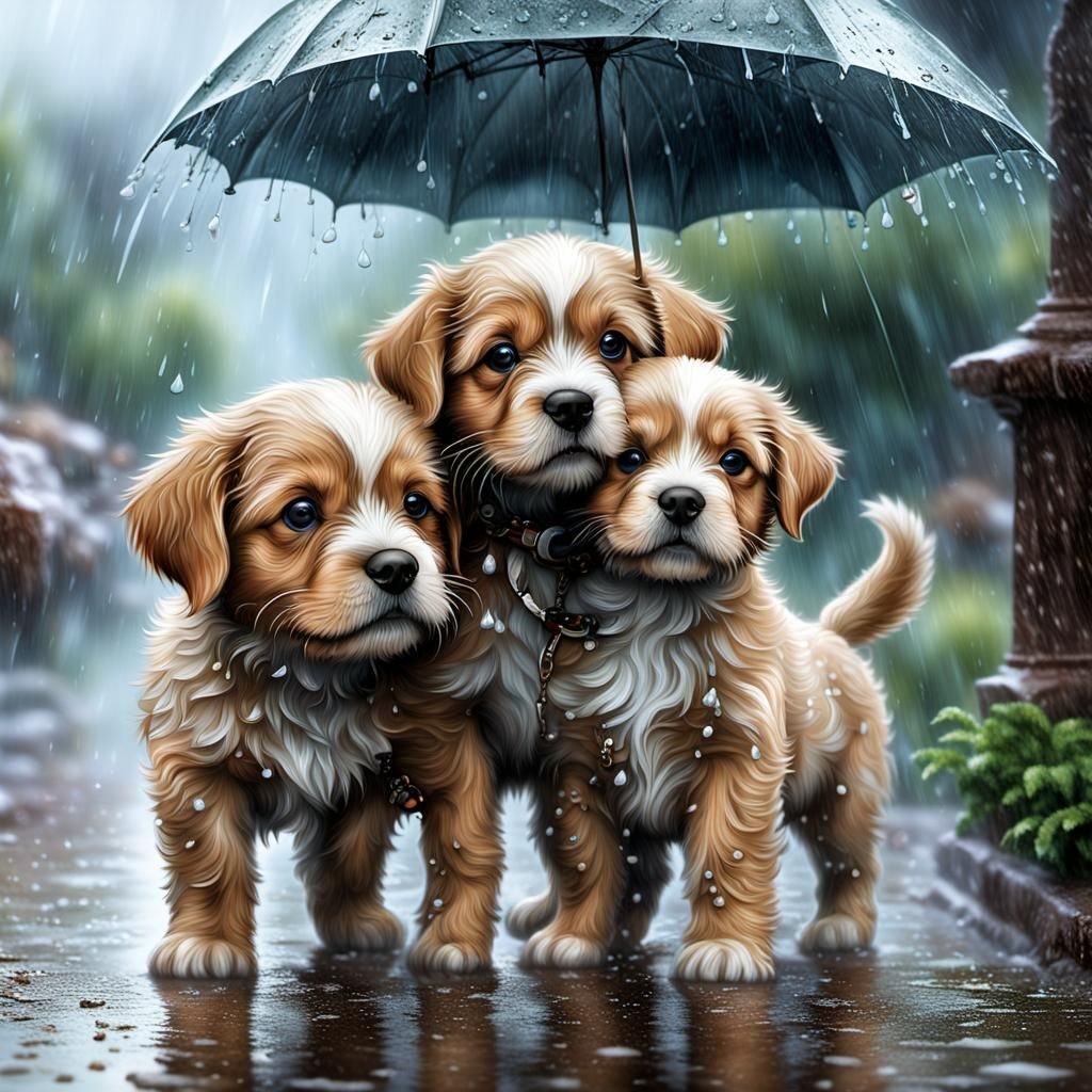 Babies and Puppies Playing in Rainy Ethereal Fantasy