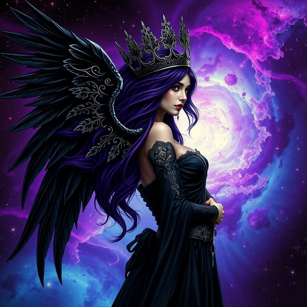 Gothic Space Warrior Queen with Dark Purple Hair and Black A...