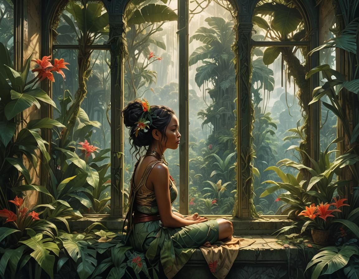 Polynesian Girl at Window to Tropical Jungle
