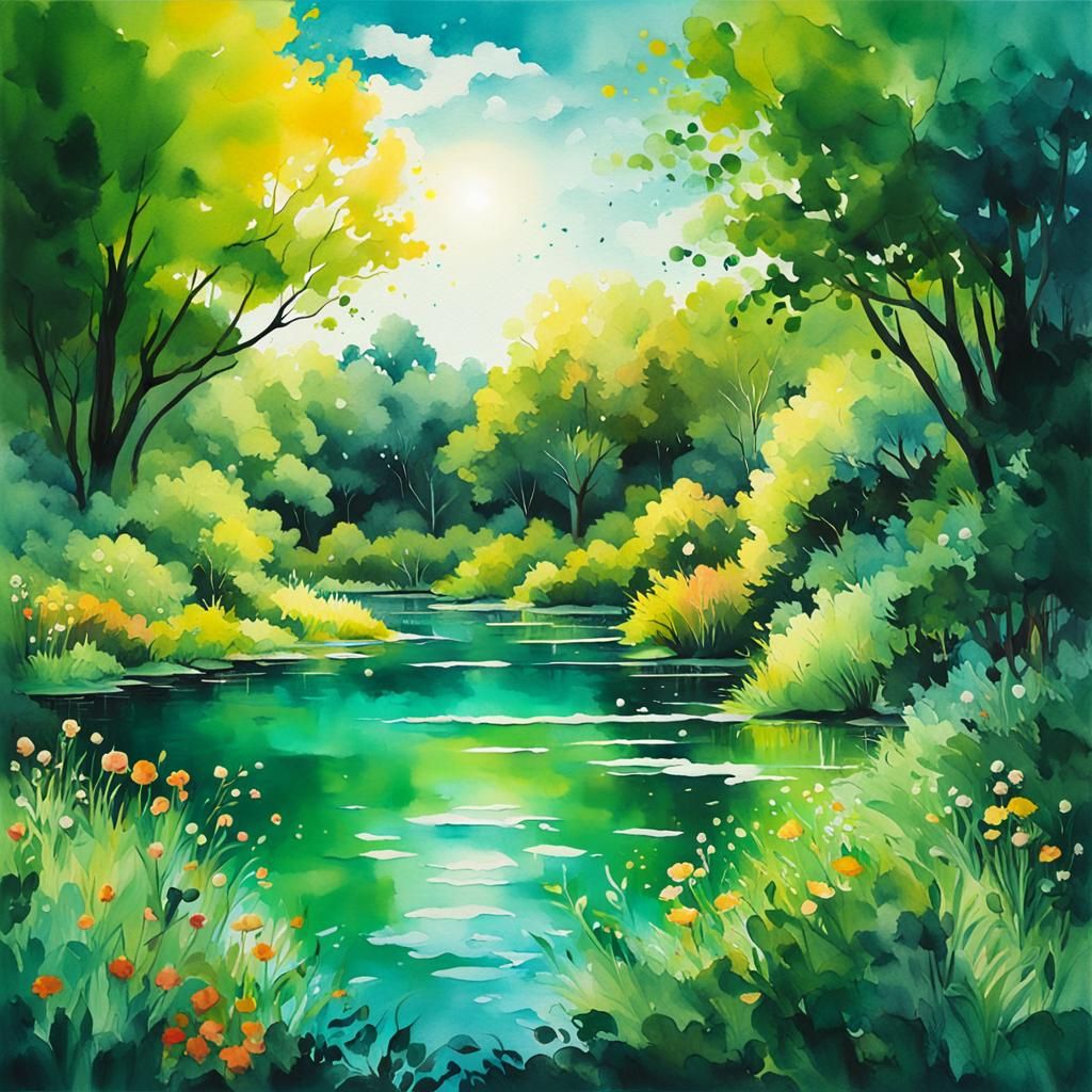Vibrant Watercolor Countryside with Lake