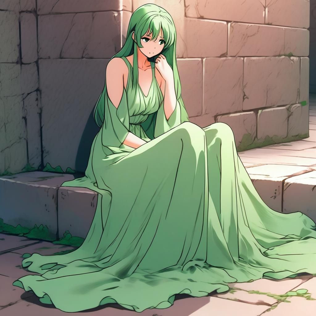 Anime Woman in Green Dress: Cel-Shaded Art