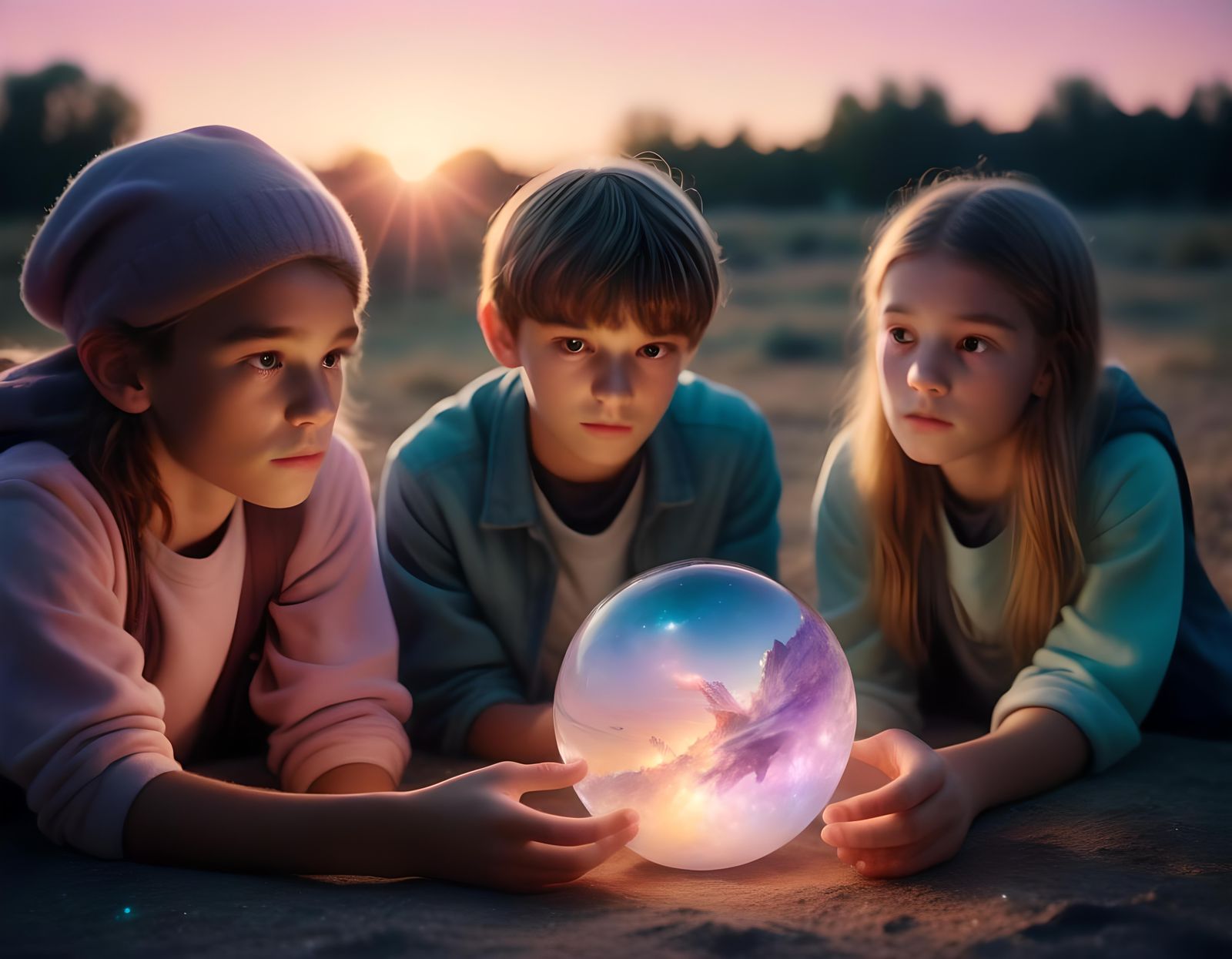 Children Gaze at a Galactic Orb: 1920s Film Still