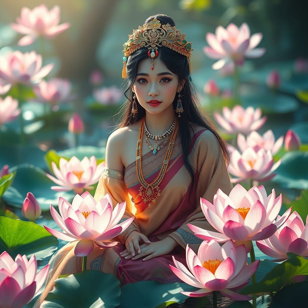 Thai Woman in Lotus Pond: Detailed Matte Painting