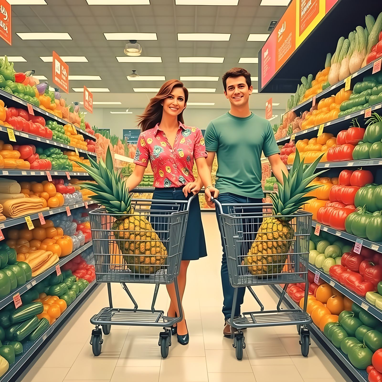 Couple's Grocery Cart Collision in a Pineapple-Themed Grocer...