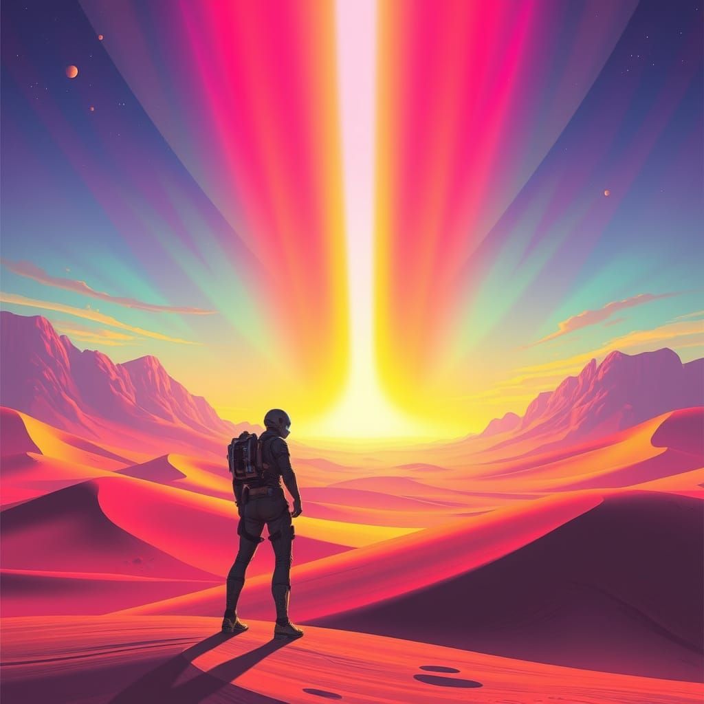 Vibrant Desert Landscape in Futuristic Surrealist Style