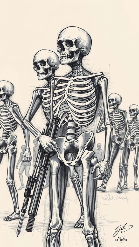 Zombie Soldiers: Detailed Anatomical Line Drawing