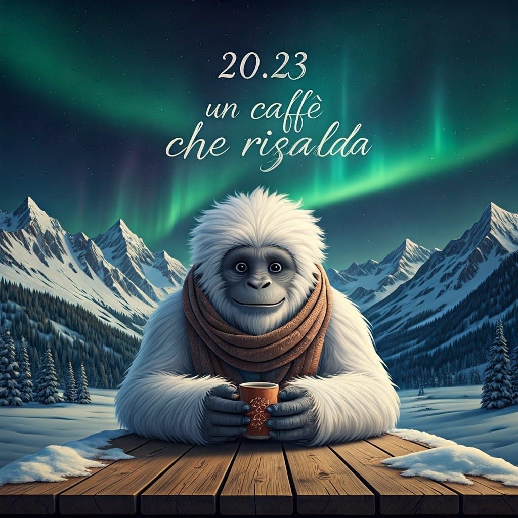 Yeti Sipping Coffee Under Northern Lights
