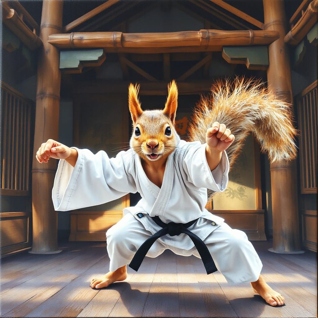 Squirrel Karate Punch in Springtime Dojo: Gouache Impression...